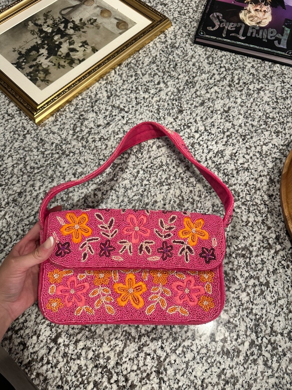Lulus Bold Accent Hot Pink Multi Beaded Floral Shoulder Bag - Picture 4 of 5